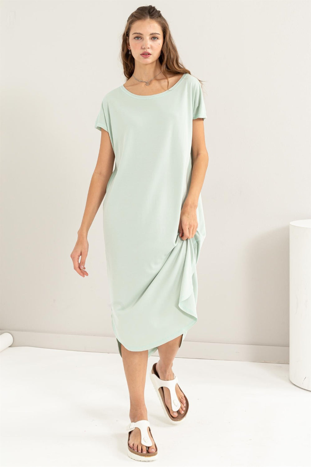 HYFVE Short Sleeve High-Low Slit Midi Dress