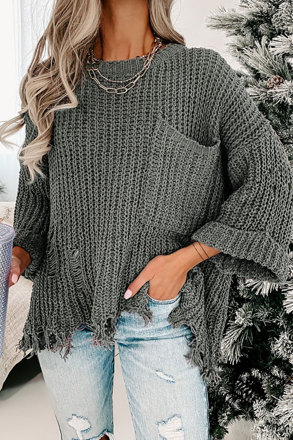 Distressed Round Neck Drop Shoulder Sweater