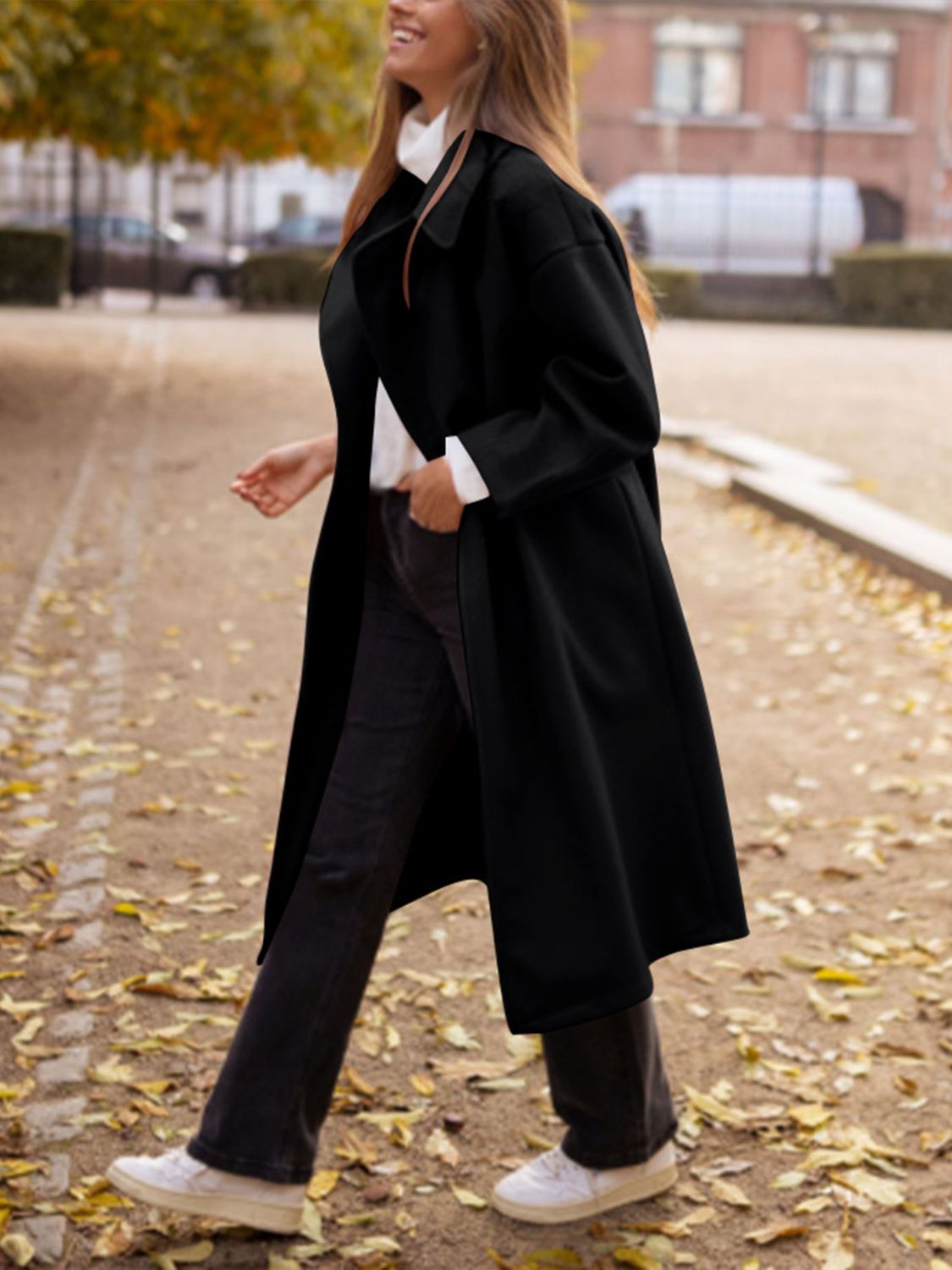 Pocketed Collared Neck Long Sleeve Coat