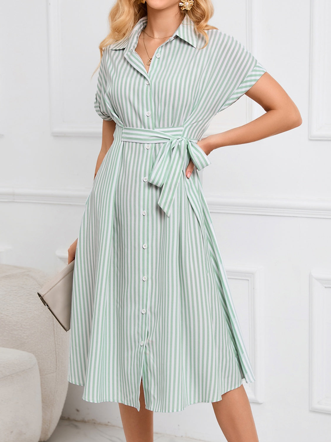 Striped Short Sleeve Tie Waist Midi Dress