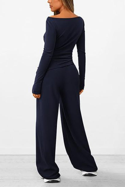 Round Neck Long Sleeve Top and Pants Set