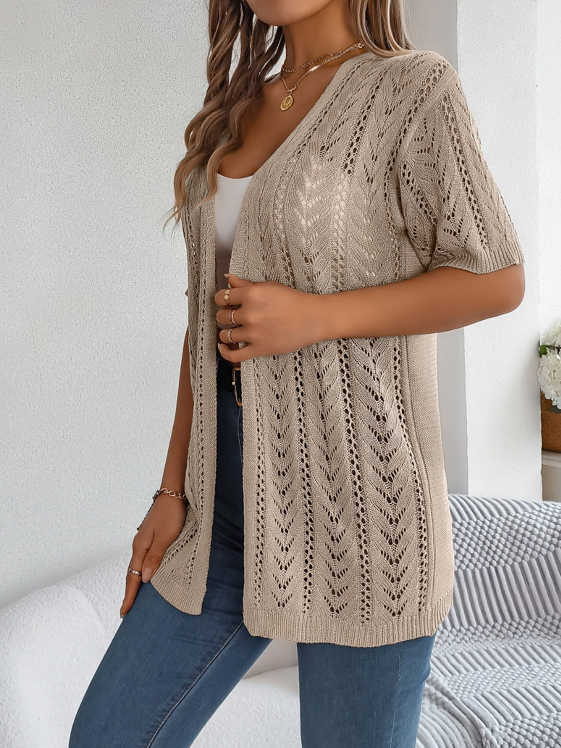 Openwork Open Front Half Sleeve Cardigan