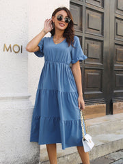 V-Neck Short Sleeve Midi Dress