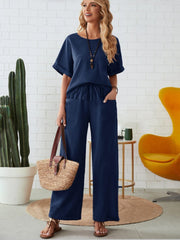 Round Neck Half Sleeve Top and Pocketed Pants Set