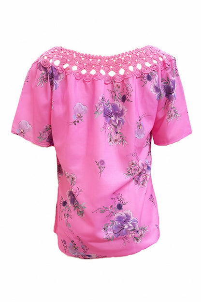 Full Size Printed Tie Neck Short Sleeve Blouse