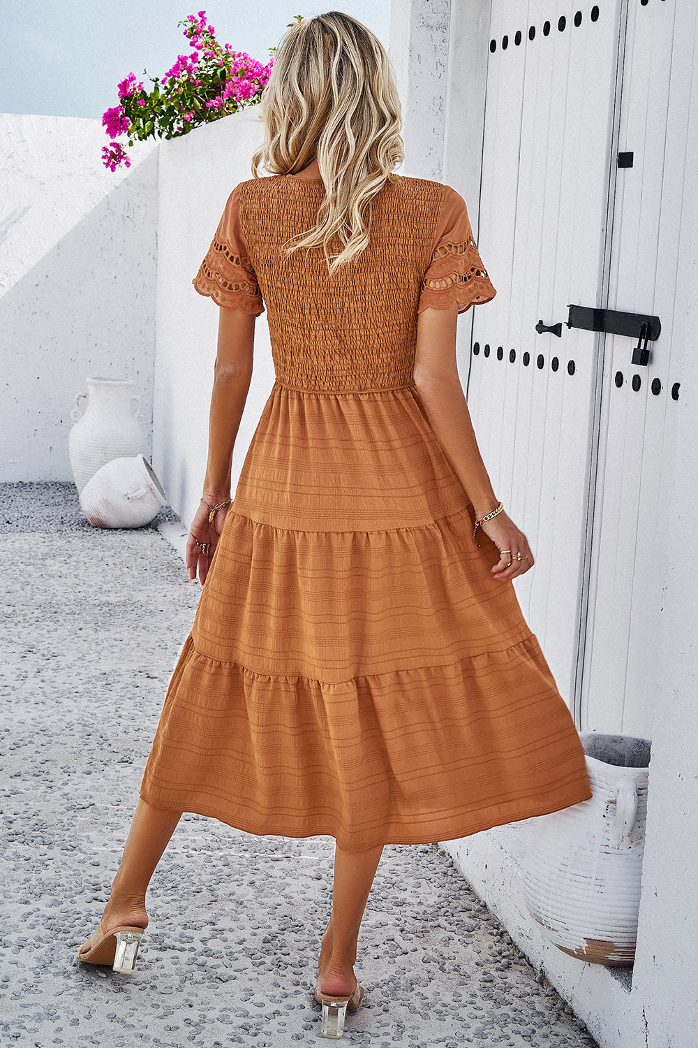 Devine Smocked Round Neck Short Sleeve Midi Dress