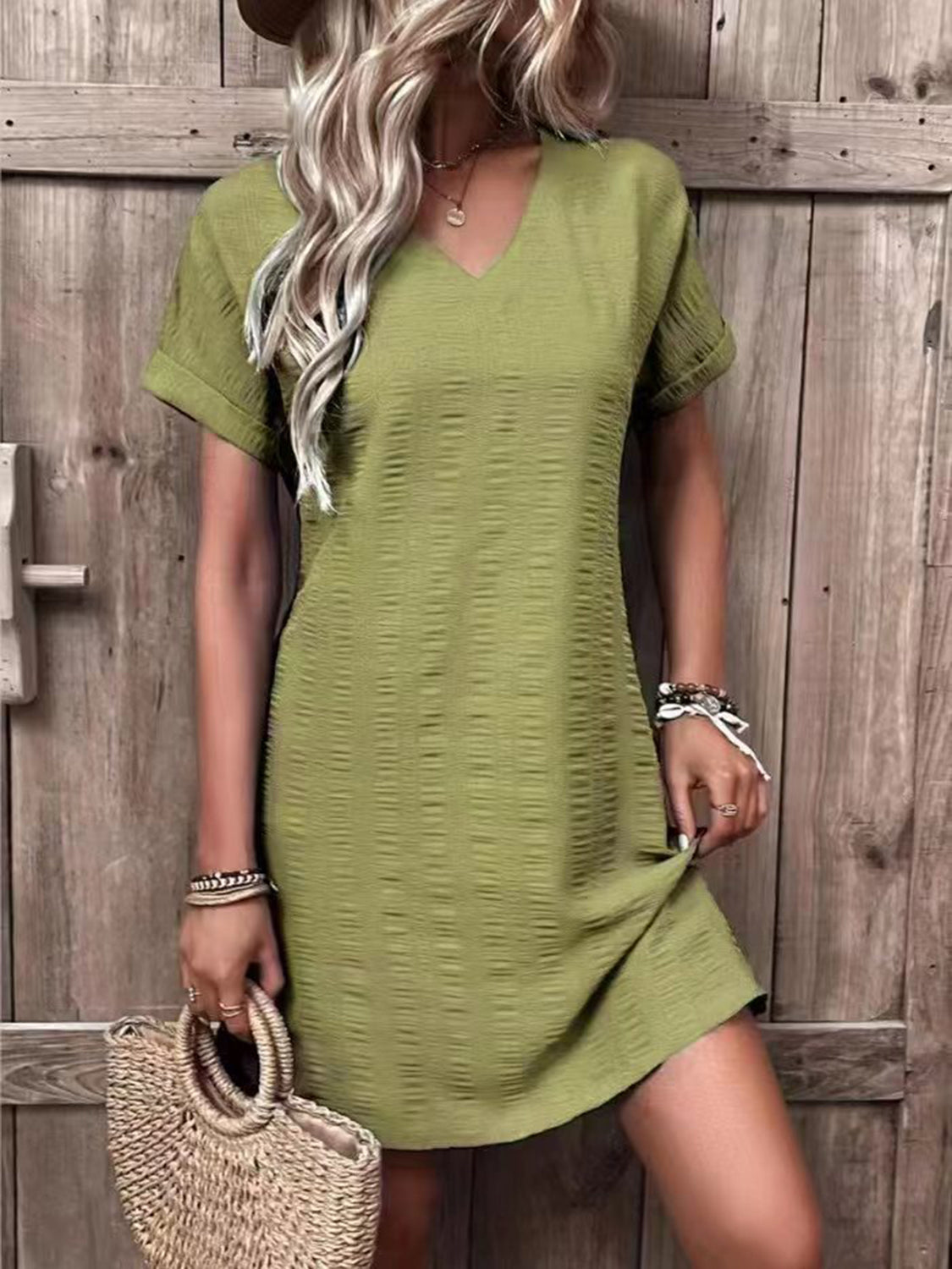 Full Size V-Neck Short Sleeve Mini Dress