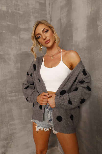 Polka Dot Open Front Drop Shoulder Cardigan