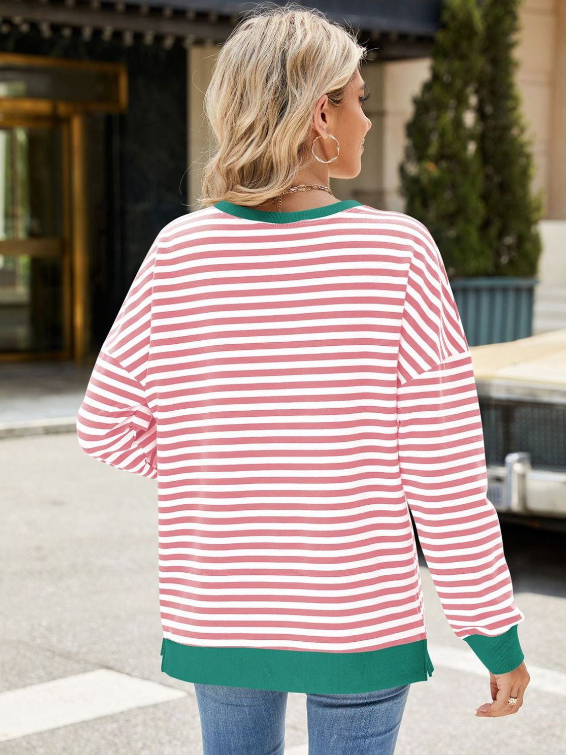 Slit Striped Round Neck Long Sleeve Sweatshirt