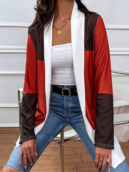 Shiny Color Block Open Front Cardigan