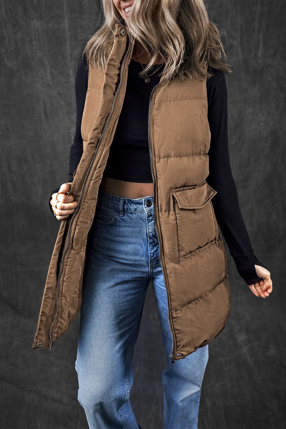 Pocketed Zip Up Vest Coat