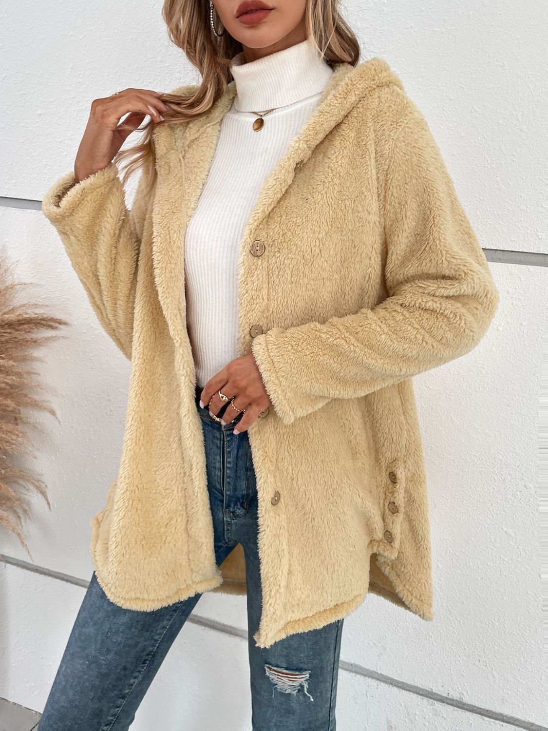 Fuzzy Button Up Hooded Jacket