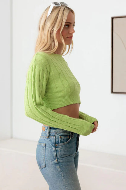 Cable Pattern Long Sleeve Crop Sweater Top