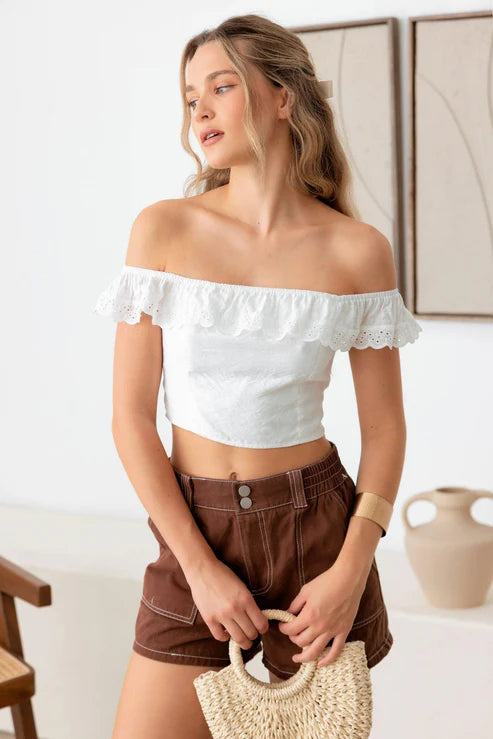 Off Shoulder Ruffle Lace Trim Crop Top