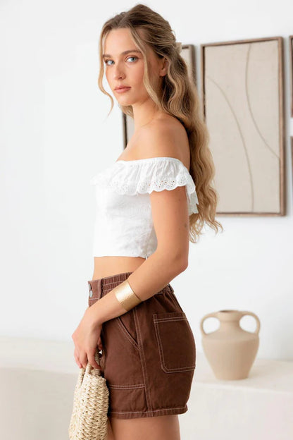 Off Shoulder Ruffle Lace Trim Crop Top