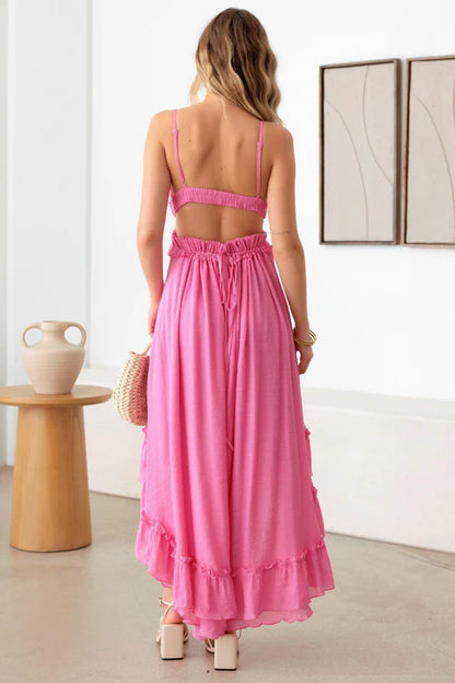 Asymmetric Ruffle Open Back Cutout Flair Dress